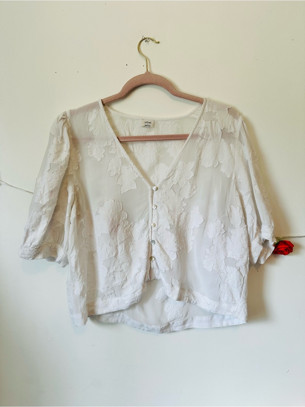Aritzia White Floral Appliqué Button-Front Blouse